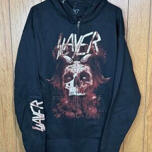 Black Slayer zip-up hoodie with skull and horns design‎ Size Large NWT